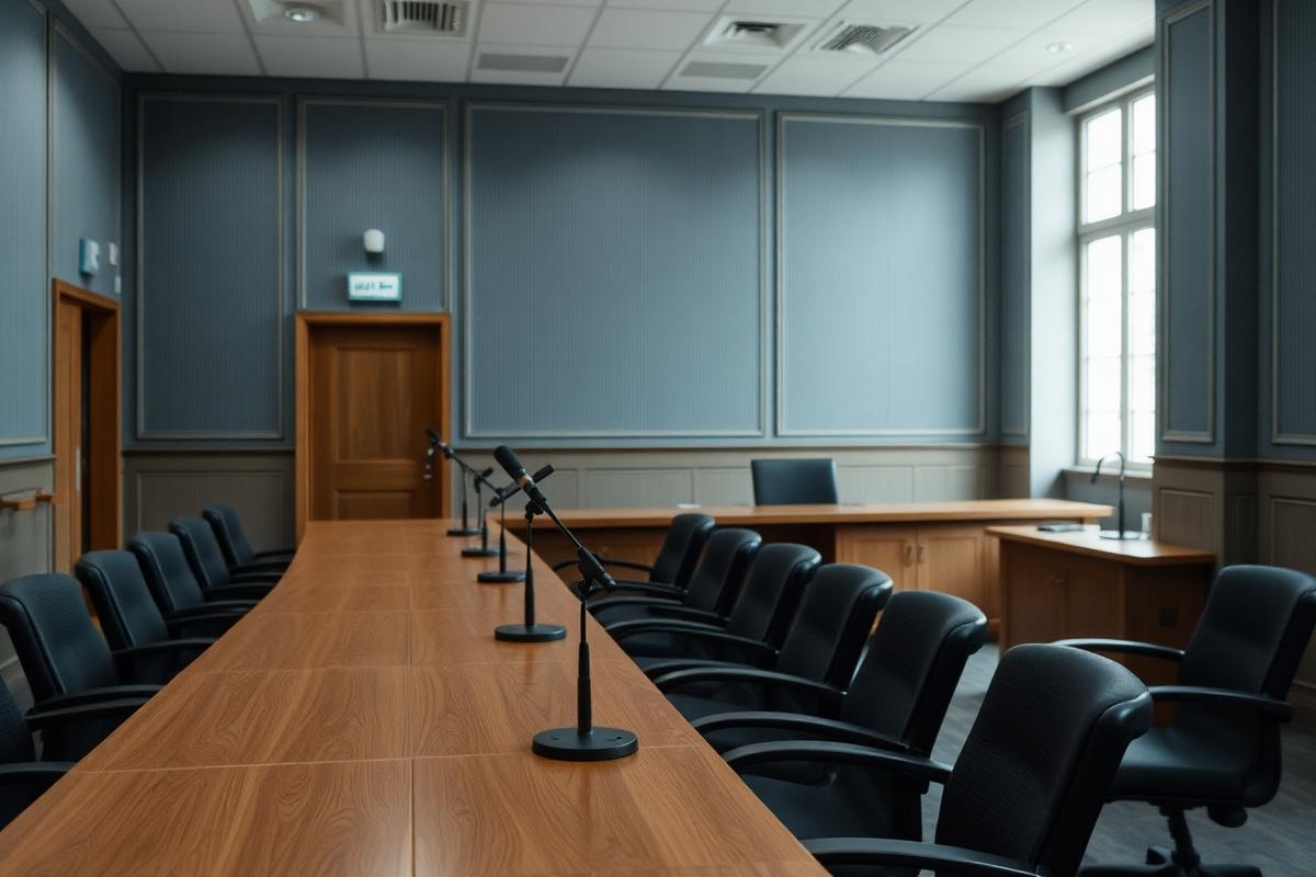 Sala de audiencias vacía con mesa larga y micrófonos