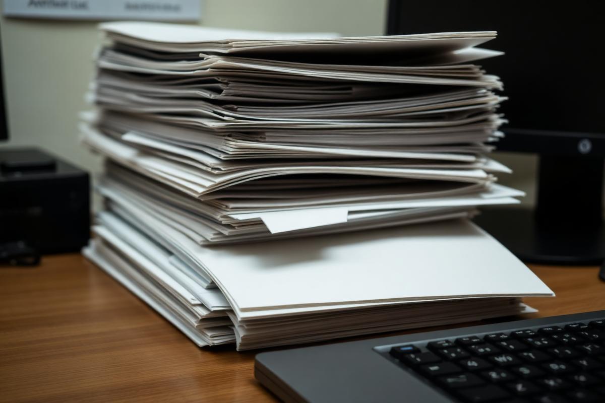 Pila de expedientes y documentos sobre el escritorio de una oficina