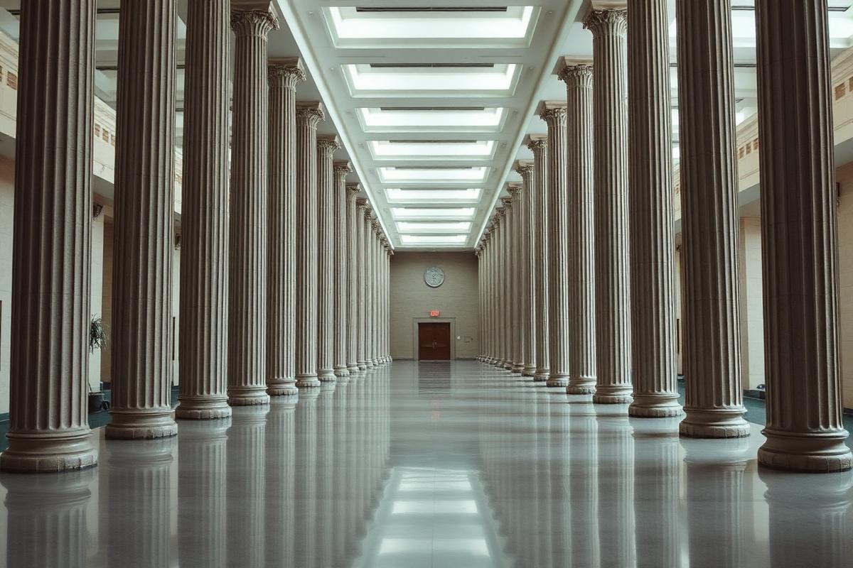 Pasillo de columnas de un edificio de juzgados federales