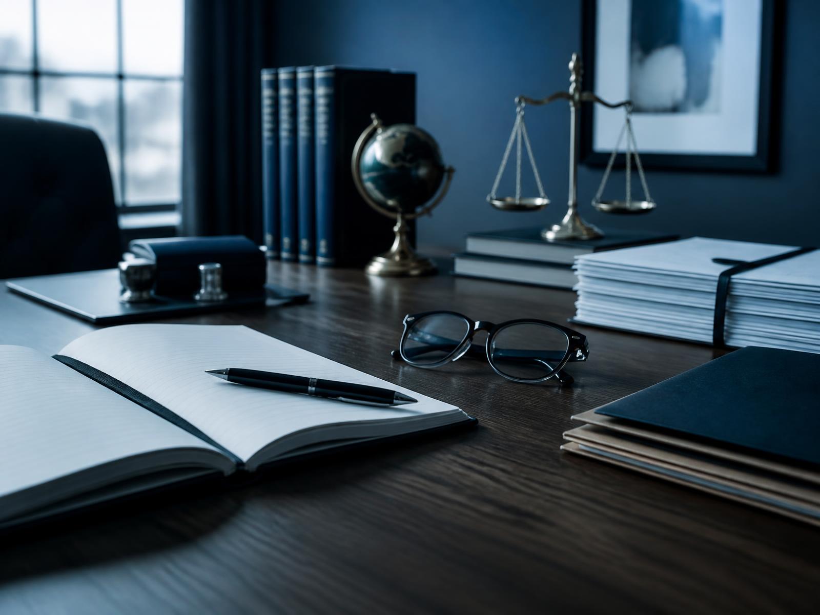 Escritorio legal con libreta, documentos y anteojos listos para una evaluación